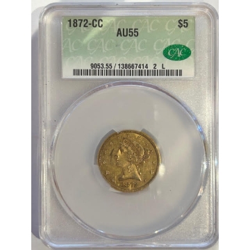 1872-CC $5 Liberty Head Half Eagle CACG AU55