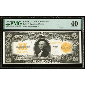 Fr. 1187 $20 1922 Gold Certificate PMG Extremely Fine 40.