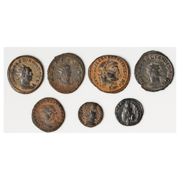 ANCIENT LOTS. Roman Imperial. Lot of seven (7) BI and AE issues. Choice Fine-XF, bent, flan flaw.