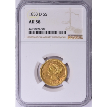 1853-D Half Eagle - No Motto $5 NGC AU58 send to cac