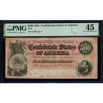 T. 64 Confederate States of America 1864 $500 Note PMG Choice Extremely Fine 45