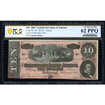 T. 68 Confederate States of America 1864 $10 Note PCGS Banknote Uncirculated 62 PPQ