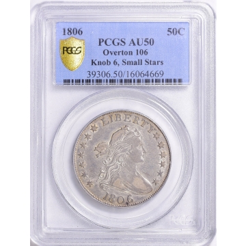 1806 Draped Bust Half Dollar O-106 Knob 6, Small Stars Overton 106 PCGS AU-50