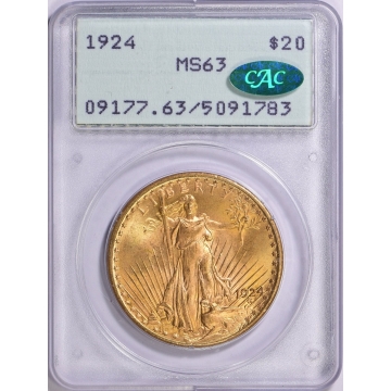 1924 Saint-Gaudens Gold Double Eagle PCGS MS-63 (CAC Green) OGH (1st Gen)