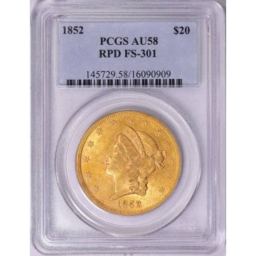 1852 $20 RPD FS-301 Liberty Head Double Eagle PCGS AU58