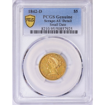 1842-D $5 Small Date Liberty Head Half Eagle PCGS Genuine AU Details 