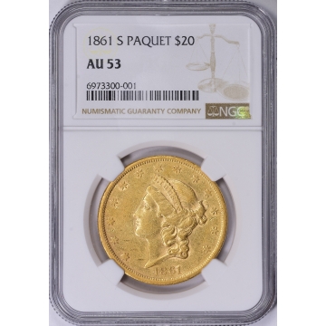 1861-S PAQUET Liberty Double Eagle Type 1 $20 NGC AU53 INCREDIBLY RARE