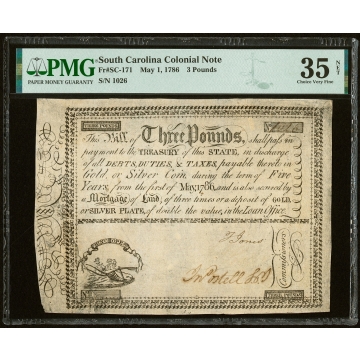 South Carolina May 1, 1786 £3 PMG Choice Very Fine 35 Net. Only Example Graded by PMG for May 1, 1786 Issue