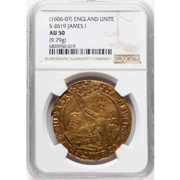 James I (1603-1625) gold Unite ND (1606-1607) AU50 NGC Tower mint Escallop mm Second coinage Fourth bust KM46. S-2619. N-2084. 9.79gm Great tone Fully legible Nice portrait of the King