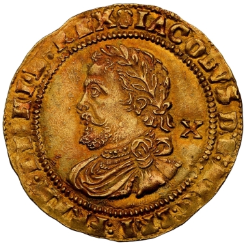 James I (1603-1625) gold 1/2 Laurel ND (1620-1621) MS62 NGC Tower mint. Rose mm. Third coinage. S-2641. N-2117. 4.54gm. Stunner in hand. TOP POP NONE FINER. 