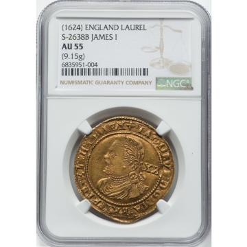 James I (1603-1625) gold Laurel ND (1624) AU55 NGC Tower mint. Trefoil mm. Third coinage. Third bust. KM74. S-2638B. N-2114. 9.15gm. Tremendous example for the grade.