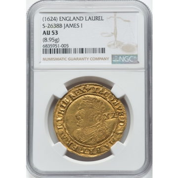 James I (1603-1625) gold Laurel ND (1624) AU53 NGC, Nice example