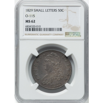 1829 SMALL LETTERS Capped Bust, Lettered Edge O-115 50C NGC MS62