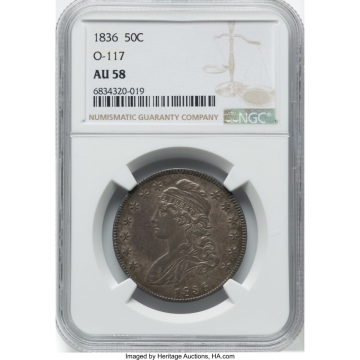 1836 Capped Bust, Lettered Edge O-117 50C NGC AU58