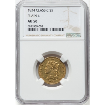 1834 PLAIN 4 Classic Head $5 NGC AU50