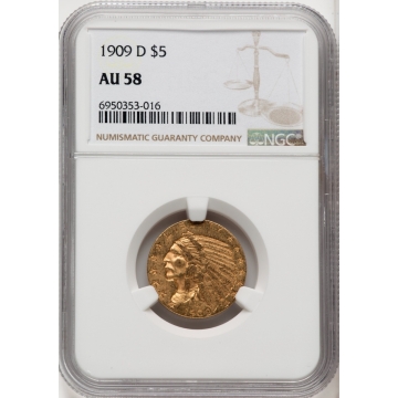 1909-D Indian $5 NGC AU58