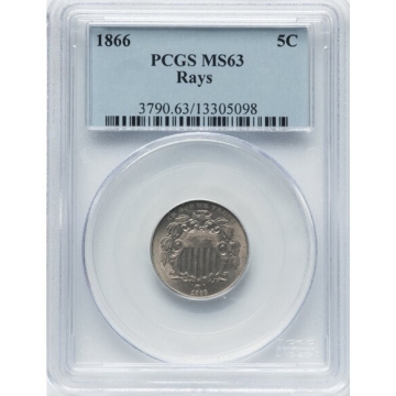 1866 5C With Rays Shield Nickel W/Rays PCGS MS63