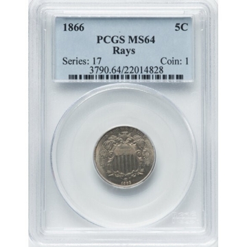 1866 5C With Rays Shield Nickel W/Rays PCGS MS64