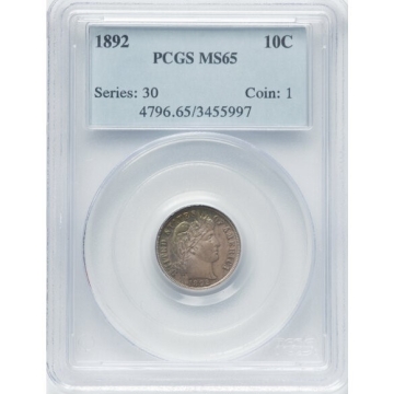 1892 10C Barber Dime PCGS MS65