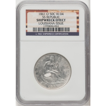 1861 O W-04 Seated Liberty Half Dollar - No Motto SS REPUBLIC 50C NGC MS0, Comes with Presentation Box and Provenance Pamphlets