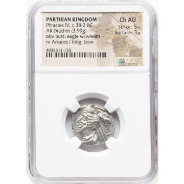 PARTHIAN KINGDOM. Phraates IV (ca. 38-2 BC). AR drachm (20mm, 3.99 gm, 11h). NGC Choice AU 5/5 - 3/5.