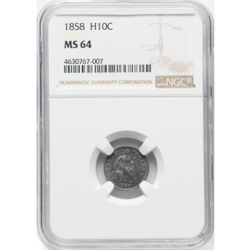 1858 Seated Half Dime, Stars Obverse H10C NGC MS64