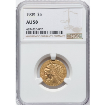 1909 Indian $5 NGC AU58