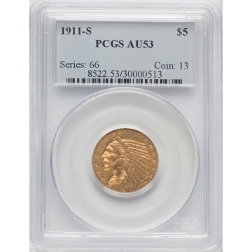 1911-S $5 Indian Head PCGS AU53 (OH)