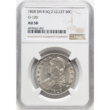 1828 SM 8 SQ 2 LG LET Capped Bust, Lettered Edge O-120 50C NGC AU58