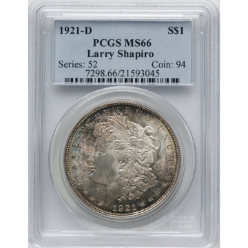 1921-D $1 Morgan Dollar PCGS MS66, The Larry Shapiro Collection, Nice Tone