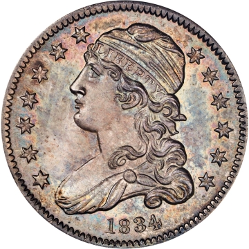 1834 Capped Bust Quarter. B-4. Rarity-1. MS-67 (NGC). OH. Simply put, the Finest Known 1834 Bust Quarter of them all, and, because it is the only Mint State 67 Quarter of any date between 1796 and 1838, it may also be the Finest Bust Quarter of them all!