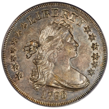 1798 $1 Small Eagle, Draped Bust Dollar, 13 Stars, B-1, BB-82, R.3, AU58+ PCGS. The Third Finest Known. From The Eric Lane Collection of Early US Dollars. 