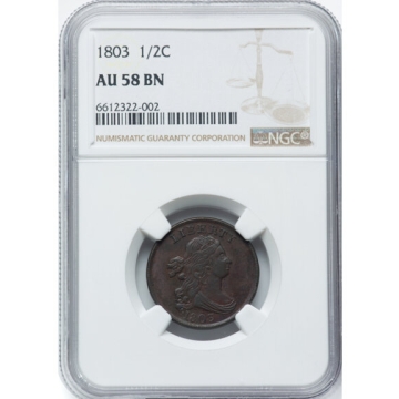 1803 Draped Bust Half Cent 1/2C, C-4, B-4, R.3, NGC AU58BN