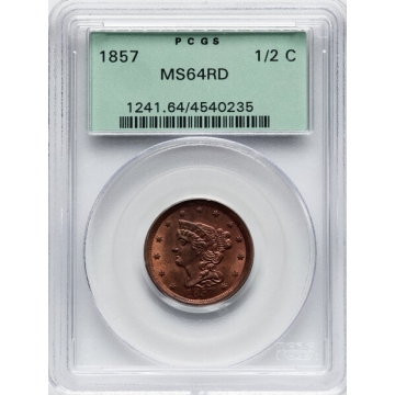 1857 1/2C Braided Hair Half Cent, C-1, B-1, R.2, PCGS MS64RD, (OGH) 