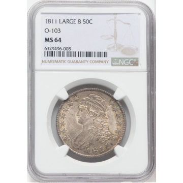 1811 LARGE 8 Capped Bust, Lettered Edge O-103, R.3, 50C NGC MS64, Top Pop, None Higher