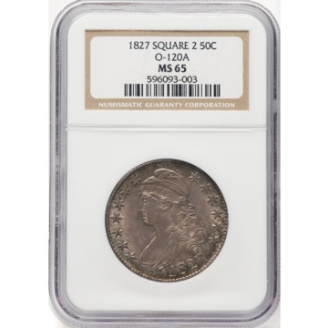 1827 Square Base 2 Capped Bust, Lettered Edge O-120a, R.2, 50C NGC MS65, Top Pop, One Known Higher For this Variety