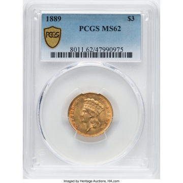 1889 $3 Three Dollar PCGS MS62, Great Color