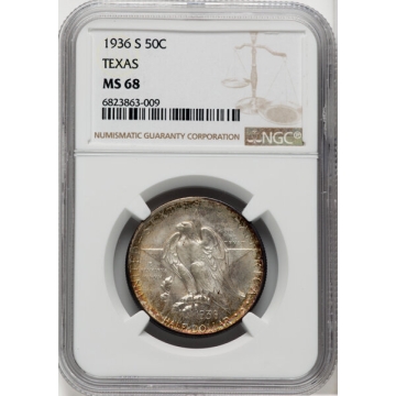 TEXAS 1936-S Silver Commemorative 50C NGC MS68, Top Pop, Only 1 Higher 