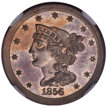 1856 1/2C Half Cent, Judd-177, Pollock-205, R.5, PR65 NGC. (CAC)