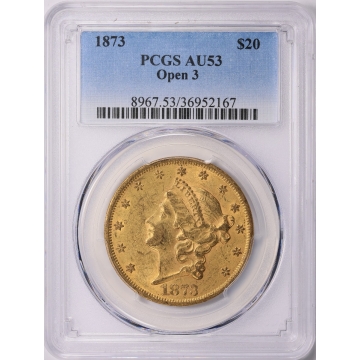 1873 $20 Open 3 Liberty Head Double Eagle PCGS AU53