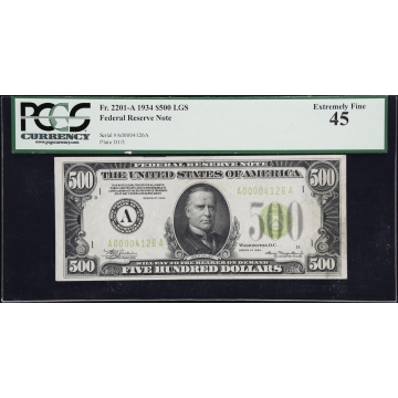 Fr. 2201-A. 1934 Light Green Seal $500 Federal Reserve Note. Boston. PCGS Currency Extremely Fine 45.