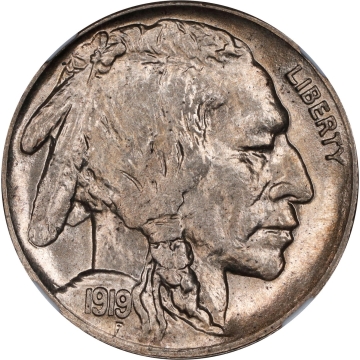 1919-S Buffalo Nickel Type 2 5C NGC MS66. GEM.  Full strike cross candidate. NGC Census: 5; with a single MS-66+ finer. The corresponding PCGS Population is 4/0.