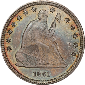 1861 No Motto Seated Liberty Quarter 25C NGC MS68 GEM. beautifully toned cross candidate. Tied for Finest Certified. 