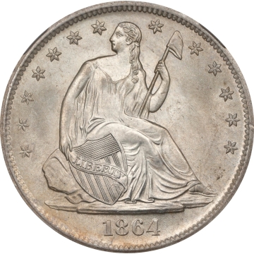 1864 S Seated Liberty Half Dollar - No Motto 50C. WB-1. Rarity-2. Type I Reverse, Large S. NGC MS66 SIMPSON COLLECTION RARE DATE CROSS CANDIDATE TOP POP