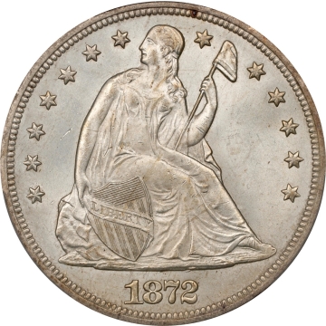 1872 Liberty Seated Silver Dollar. OC-3. Rarity-1. Top 30 Variety. Misplaced Date, Doubled Die Reverse. MS-64+ (PCGS).