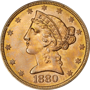 1880 $5 Liberty Head Half Eagle PCGS (OGH) (CAC) (CMQ) (Rattler) PCGS Population: 4; 0 finer. CAC Stickered Population: 2; 0.