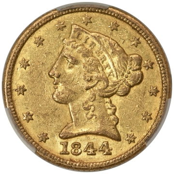 1844-C $5 Liberty Head Half Eagle. Variety 1. CACG AU55+ (CAC)