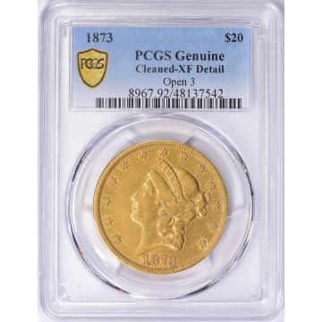 1873 $20 Open 3 Liberty Head Double Eagle PCGS cleaned XF Detail