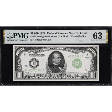 Fr. 2210-Hdgs. 1928 Dark Green Seal $1000 Federal Reserve Note. St. Louis. PMG Choice Uncirculated 63.