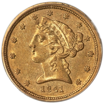 1841-C $5 Liberty Head Half Eagle. Variety 1. PCGS AU50 (OGH)